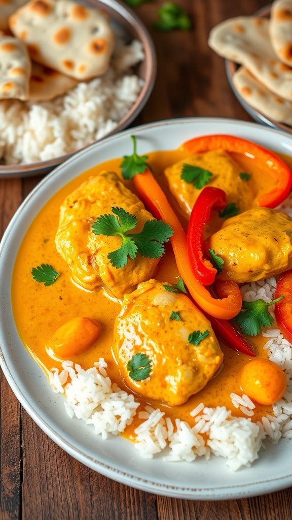 A plate of coconut curry chicken breast in golden sauce with bell peppers and cilantro, served with rice and naan.